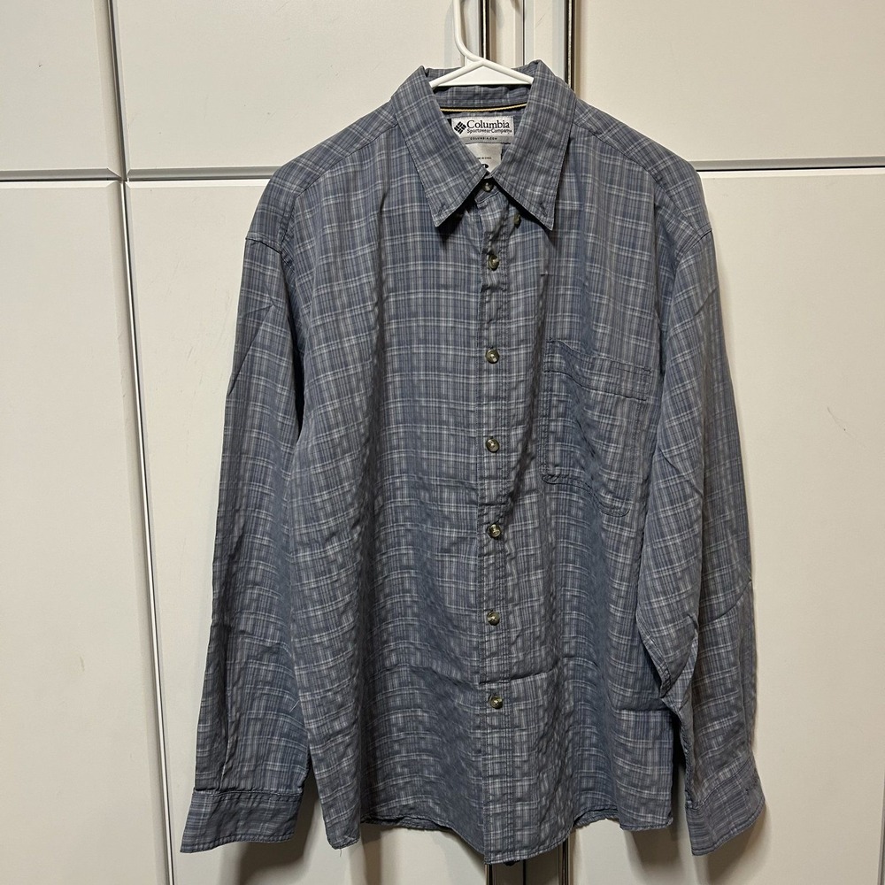 Columbia GRT Mens Medium Blue Grey Plaid Long Sleeve Button Down Hiking Shirt